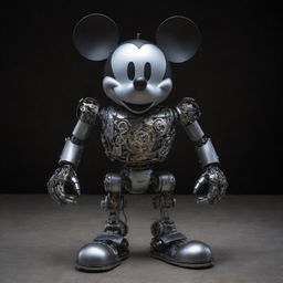 A robotic version of Mickey Mouse, constructed from gleaming steel and intricate gears, with glowing LED eyes