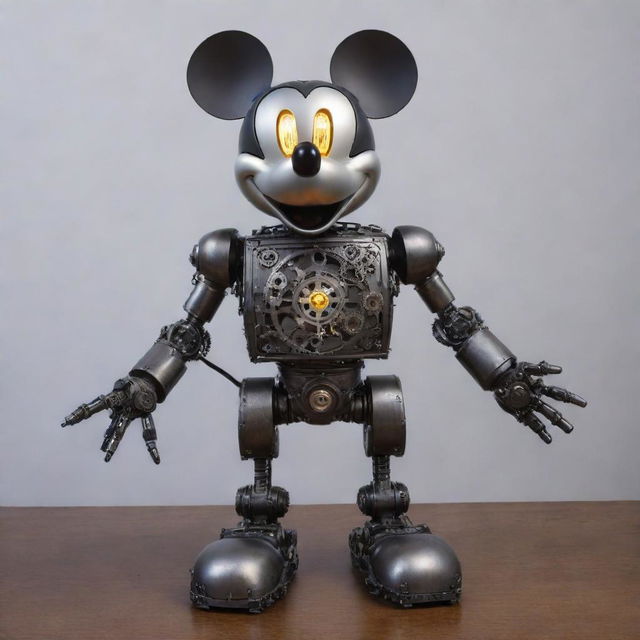 A robotic version of Mickey Mouse, constructed from gleaming steel and intricate gears, with glowing LED eyes