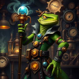 A detailed and vibrant steampunk lizardfolk warlock, featuring intricate mechanical elements integrated into their attire, with copper and brass gadgets adorning their belt and sleeves