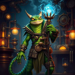 A detailed and vibrant steampunk lizardfolk warlock, featuring intricate mechanical elements integrated into their attire, with copper and brass gadgets adorning their belt and sleeves