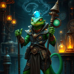 A detailed and vibrant steampunk lizardfolk warlock, featuring intricate mechanical elements integrated into their attire, with copper and brass gadgets adorning their belt and sleeves