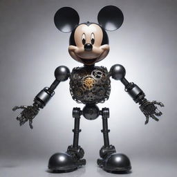 A robotic version of Mickey Mouse, constructed from gleaming steel and intricate gears, with glowing LED eyes