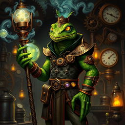 A detailed and vibrant steampunk lizardfolk warlock, featuring intricate mechanical elements integrated into their attire, with copper and brass gadgets adorning their belt and sleeves