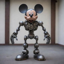 A robotic version of Mickey Mouse, constructed from gleaming steel and intricate gears, with glowing LED eyes