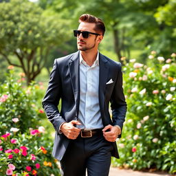 A rich, elegant man in a tailored office outfit, featuring a sharp suit and a crisp dress shirt, complemented by stylish sunglasses and short, neatly styled brown hair