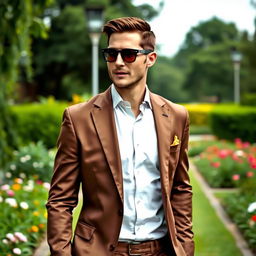 A rich, elegant man in a tailored office outfit, featuring a sharp suit and a crisp dress shirt, complemented by stylish sunglasses and short, neatly styled brown hair