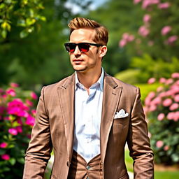 A rich, elegant man in a tailored office outfit, featuring a sharp suit and a crisp dress shirt, complemented by stylish sunglasses and short, neatly styled brown hair