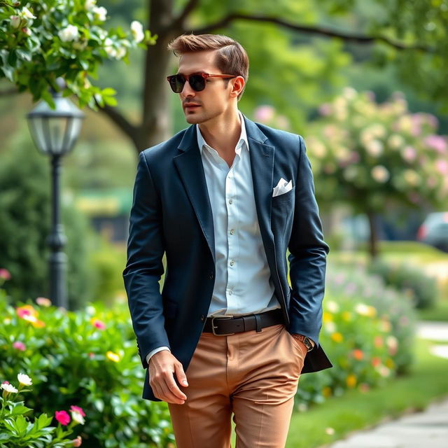 A rich, elegant man in a tailored office outfit, featuring a sharp suit and a crisp dress shirt, complemented by stylish sunglasses and short, neatly styled brown hair