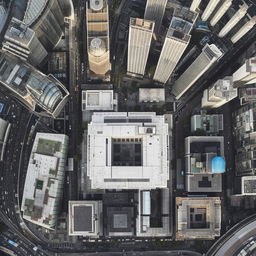 A daytime aerial view of the impassive Police Headquarters located in the heart of a bustling central business district, set amidst a landscape of towering skyscrapers and busied streets.