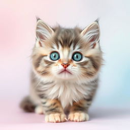 A fluffy gray and creamy white kitten named Whiskers, front and center on a soft pastel gradient background that blends shades of light blue and pink, giving it a dreamy vibe