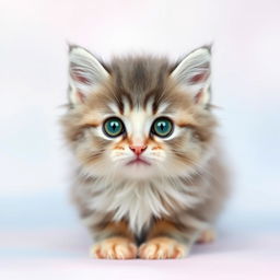 A fluffy gray and creamy white kitten named Whiskers, front and center on a soft pastel gradient background that blends shades of light blue and pink, giving it a dreamy vibe