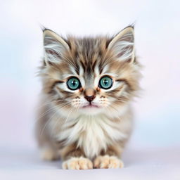 A fluffy gray and creamy white kitten named Whiskers, front and center on a soft pastel gradient background that blends shades of light blue and pink, giving it a dreamy vibe