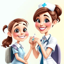 A 3D vector-style caricature portrait of a nurse administering a vaccine to a schoolgirl