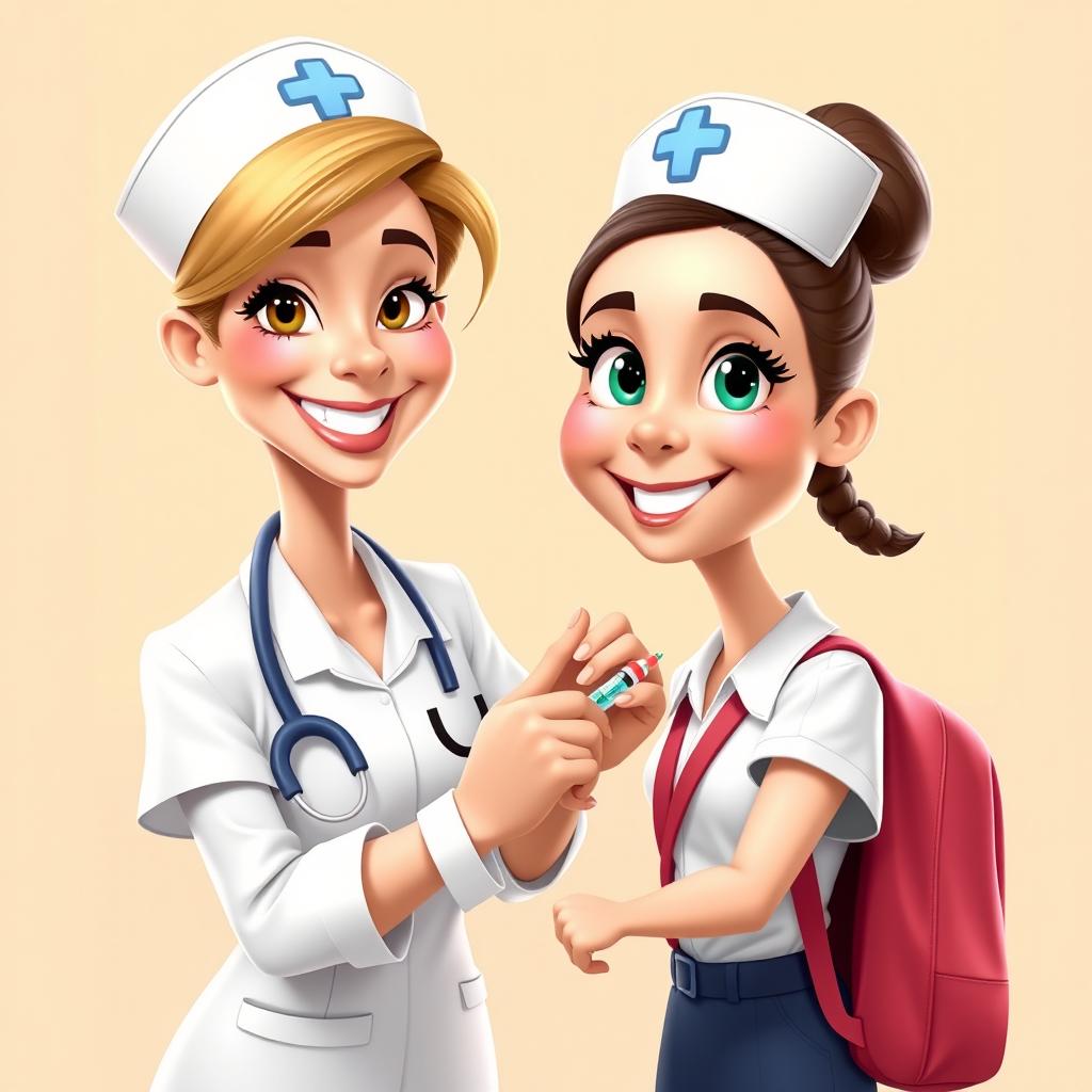 A 3D vector-style caricature portrait of a nurse administering a vaccine to a schoolgirl