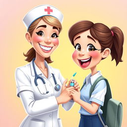 A 3D vector-style caricature portrait of a nurse administering a vaccine to a schoolgirl