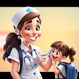 A 3D vector-style caricature portrait of a nurse administering a vaccine to a schoolgirl