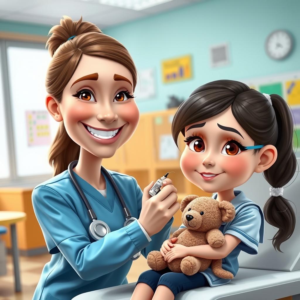 A caricatured portrait in realistic 3D style of a nurse administering a vaccine to a schoolgirl