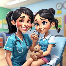 A caricatured portrait in realistic 3D style of a nurse administering a vaccine to a schoolgirl