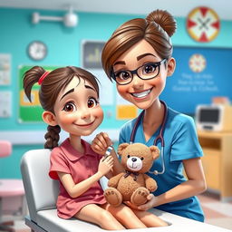 A caricatured portrait in realistic 3D style of a nurse administering a vaccine to a schoolgirl