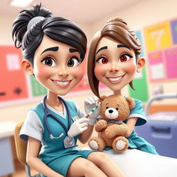 A caricatured portrait in realistic 3D style of a nurse administering a vaccine to a schoolgirl