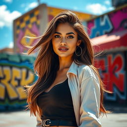 A stunning portrait of a confident woman standing in a vibrant urban setting