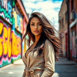 A stunning portrait of a confident woman standing in a vibrant urban setting