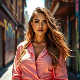 A stunning portrait of a confident woman standing in a vibrant urban setting