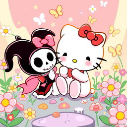 A vibrant and playful cartoon illustration featuring Hello Kitty and Kuromi, depicted in a whimsical setting