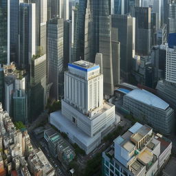 A daytime aerial view of the impassive Police Headquarters located in the heart of a bustling central business district, set amidst a landscape of towering skyscrapers and busied streets.