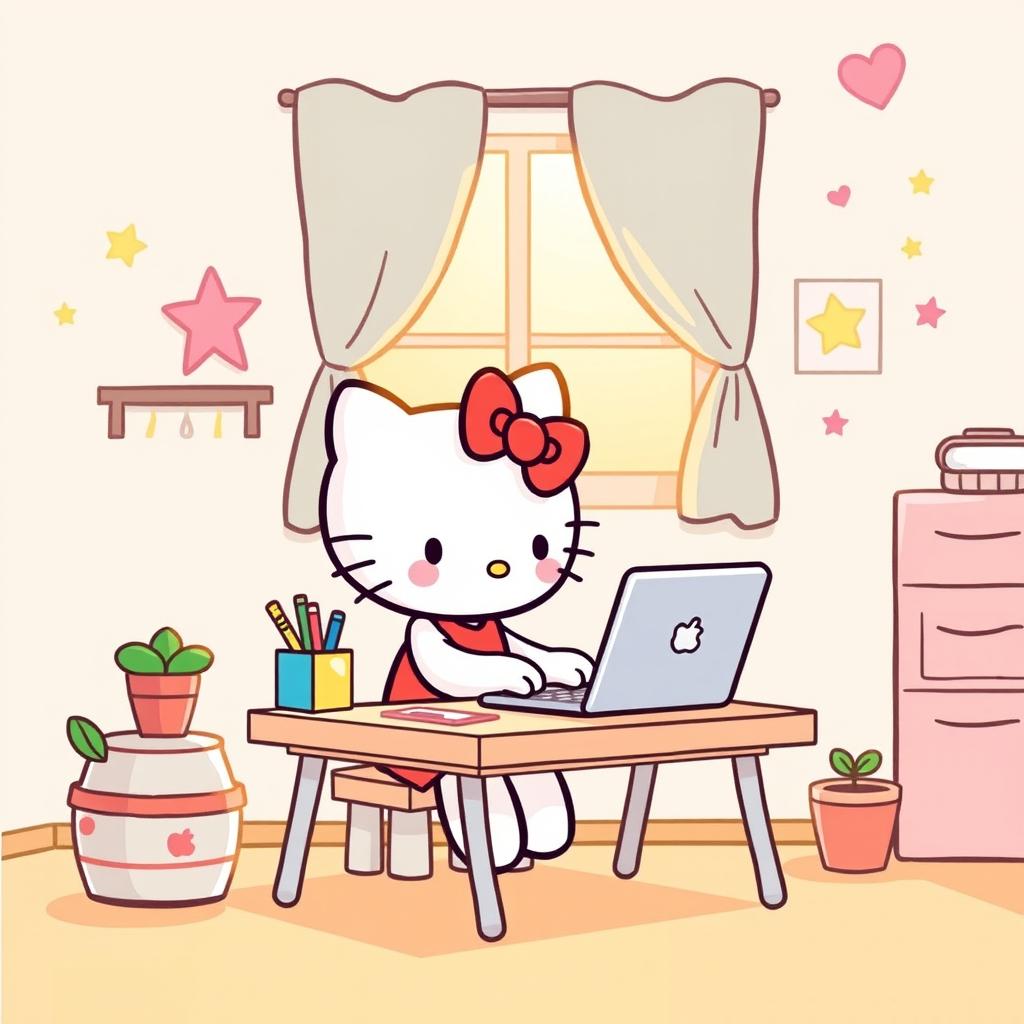 An adorable illustration of Hello Kitty sitting at a small desk, focused on typing on a laptop