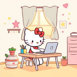 An adorable illustration of Hello Kitty sitting at a small desk, focused on typing on a laptop