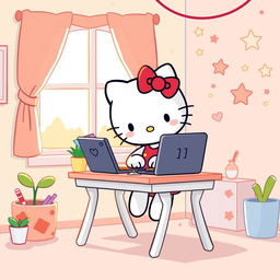 An adorable illustration of Hello Kitty sitting at a small desk, focused on typing on a laptop