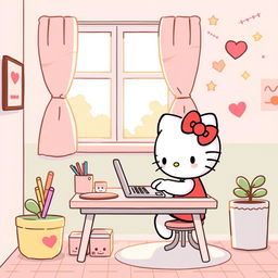 An adorable illustration of Hello Kitty sitting at a small desk, focused on typing on a laptop