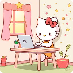 An adorable illustration of Hello Kitty sitting at a small desk, focused on typing on a laptop