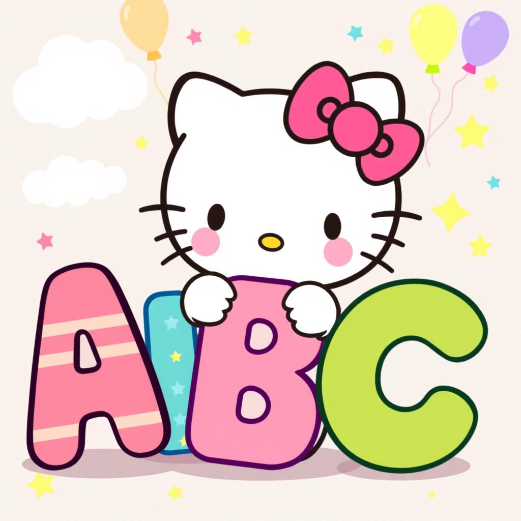 A charming illustration of Hello Kitty playfully holding large, colorful letters of the alphabet arranged as 'ABC'