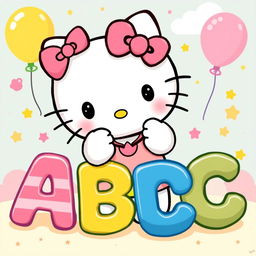 A charming illustration of Hello Kitty playfully holding large, colorful letters of the alphabet arranged as 'ABC'