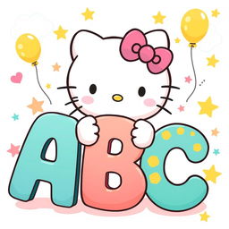 A charming illustration of Hello Kitty playfully holding large, colorful letters of the alphabet arranged as 'ABC'