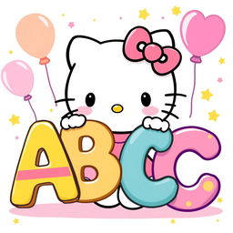 A charming illustration of Hello Kitty playfully holding large, colorful letters of the alphabet arranged as 'ABC'