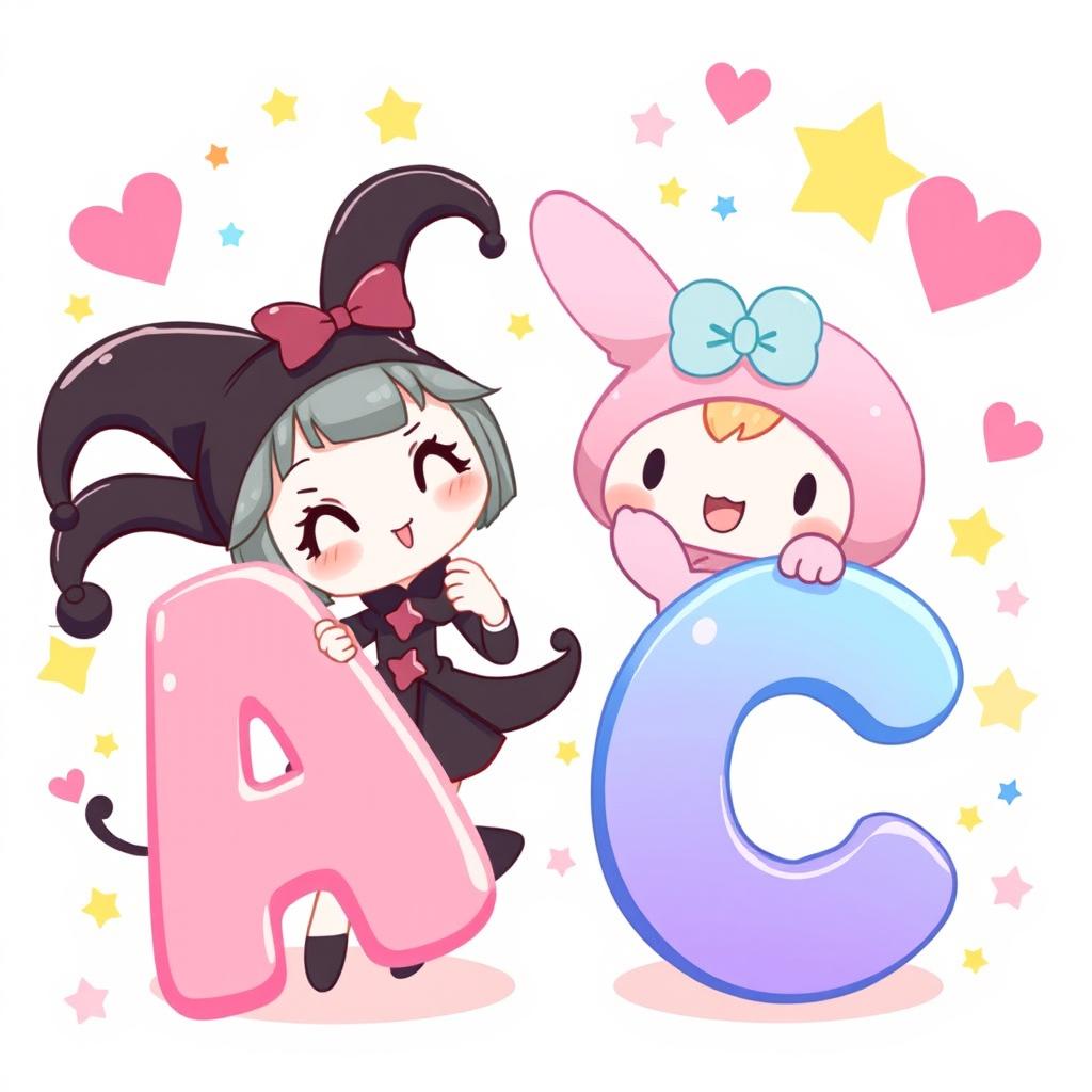 A fun and colorful illustration featuring Kuromi and My Melody holding large, vibrant letters of the alphabet arranged as 'ABC'