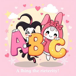 A fun and colorful illustration featuring Kuromi and My Melody holding large, vibrant letters of the alphabet arranged as 'ABC'