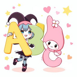 A fun and colorful illustration featuring Kuromi and My Melody holding large, vibrant letters of the alphabet arranged as 'ABC'