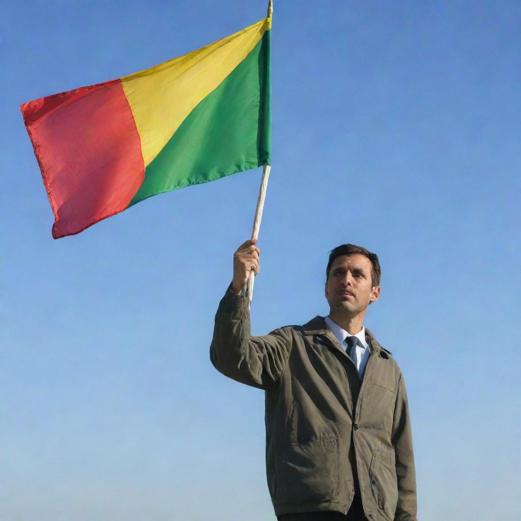 A dignified man earnestly holding a brightly colored flag against a clear sky.