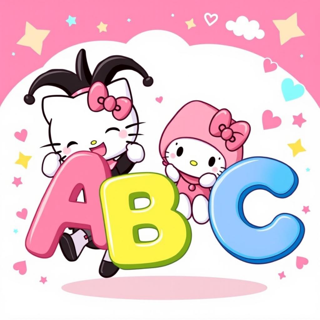 A vibrant and playful illustration featuring Kuromi and My Melody from Hello Kitty, joyfully holding large, colorful letters of the alphabet arranged as 'ABC'