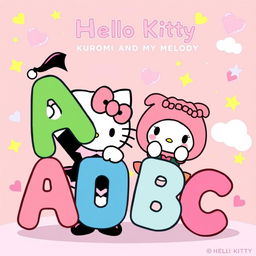 A vibrant and playful illustration featuring Kuromi and My Melody from Hello Kitty, joyfully holding large, colorful letters of the alphabet arranged as 'ABC'