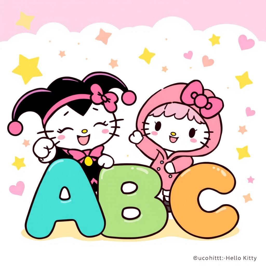 A vibrant and playful illustration featuring Kuromi and My Melody from Hello Kitty, joyfully holding large, colorful letters of the alphabet arranged as 'ABC'