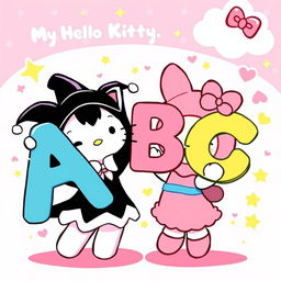 A vibrant and playful illustration featuring Kuromi and My Melody from Hello Kitty, joyfully holding large, colorful letters of the alphabet arranged as 'ABC'