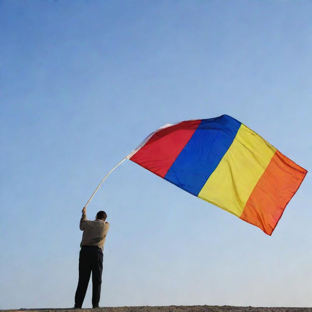 A dignified man earnestly holding a brightly colored flag against a clear sky.