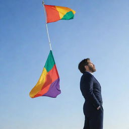 A dignified man earnestly holding a brightly colored flag against a clear sky.