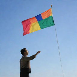 A dignified man earnestly holding a brightly colored flag against a clear sky.