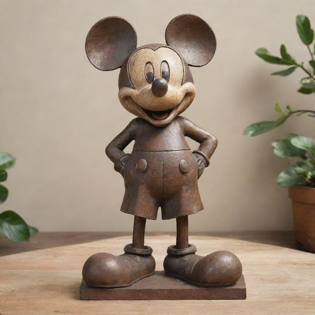 An iron-cast sculpture of Mickey Mouse, with a rustic patina showcasing its solid, detailed construction